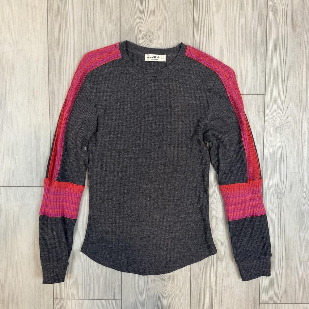 Natural Life Long‎ Sleeve Crew Neck Gray/Pink Ribbed Knit Blouse Size Small